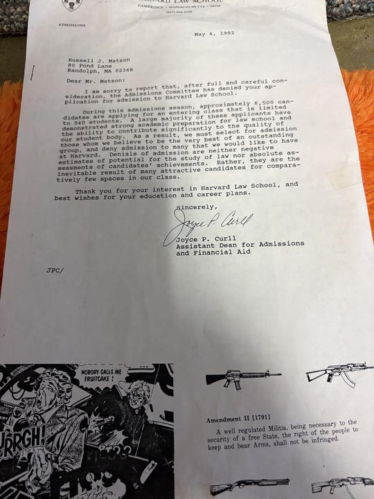 High Steppin' Seafood show flyer built from Russell Matson's May 4, 1992 Harvard Law School rejection letter, with comic panels and Second Amendment clip art